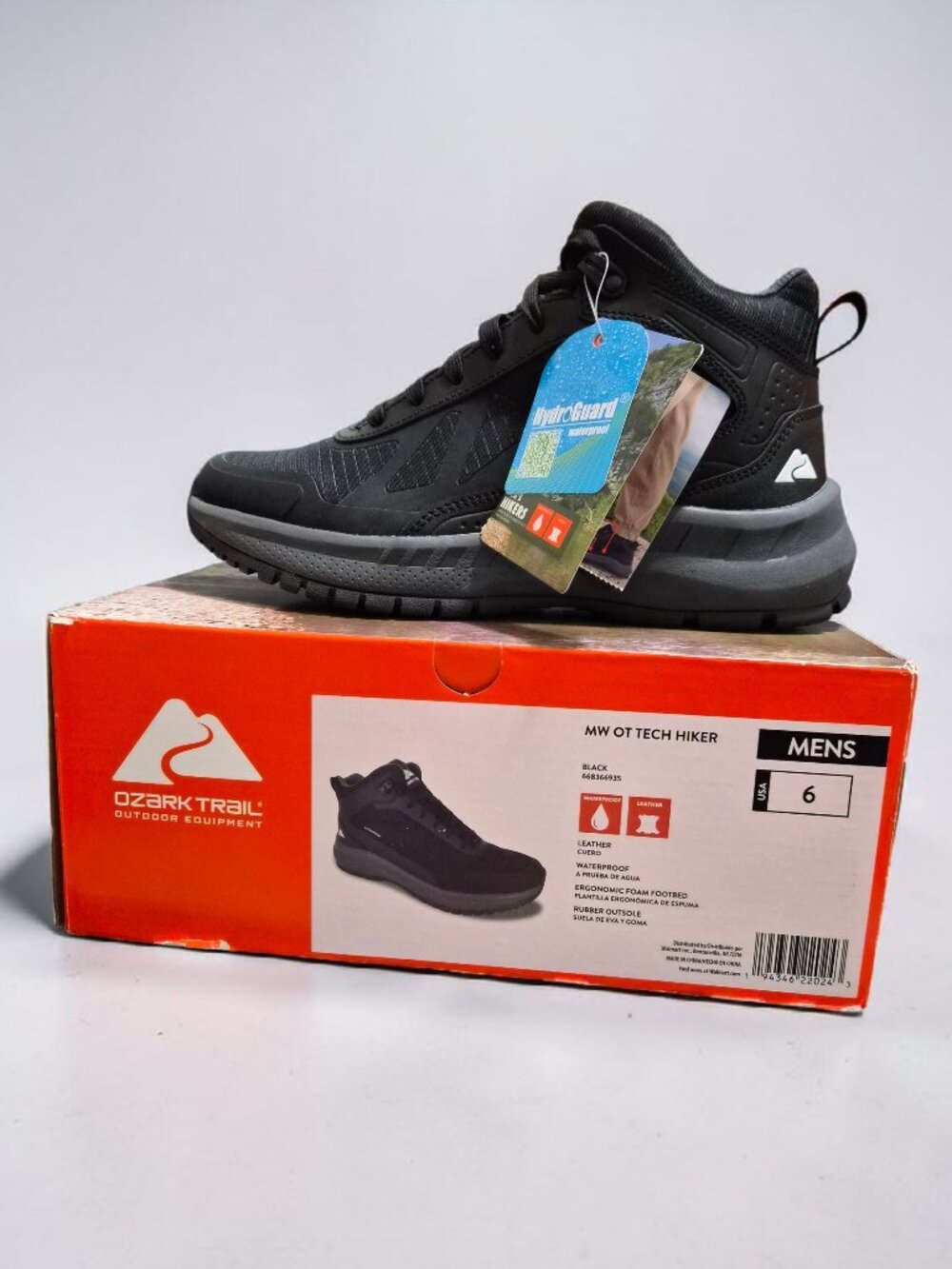 Ozark Trail Tech Hiking Boots Men's Size 6 Waterproof Leather Mesh Lace-up Black